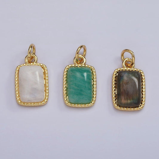 4k gold filled amazonite, moonstone, labradorite dotted bezel rectangular charm | ag537 - ag539