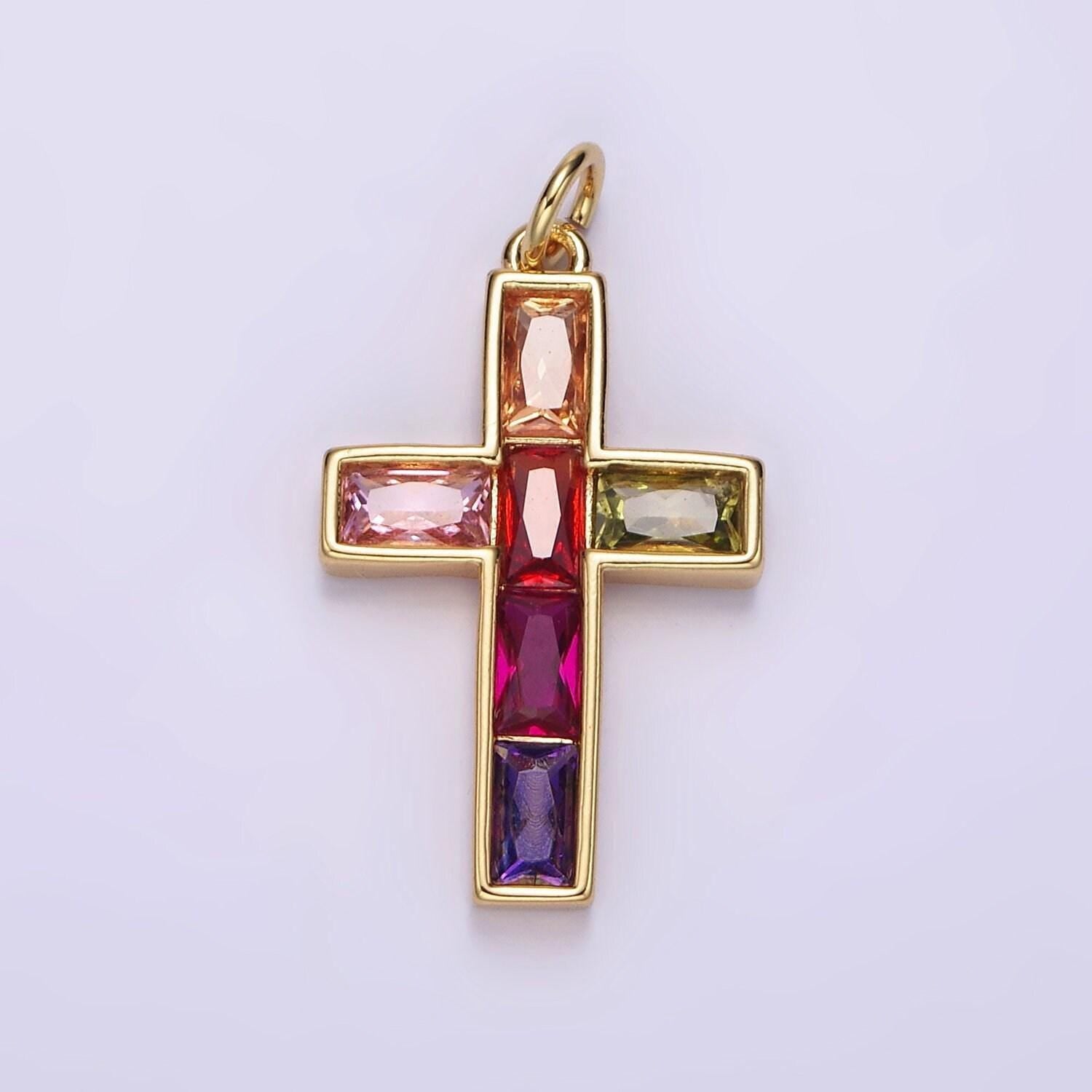 Gold baguette simple rainbow cross charm multi color cz cross pendant for religious necklace jewelry making christmas gift ag535