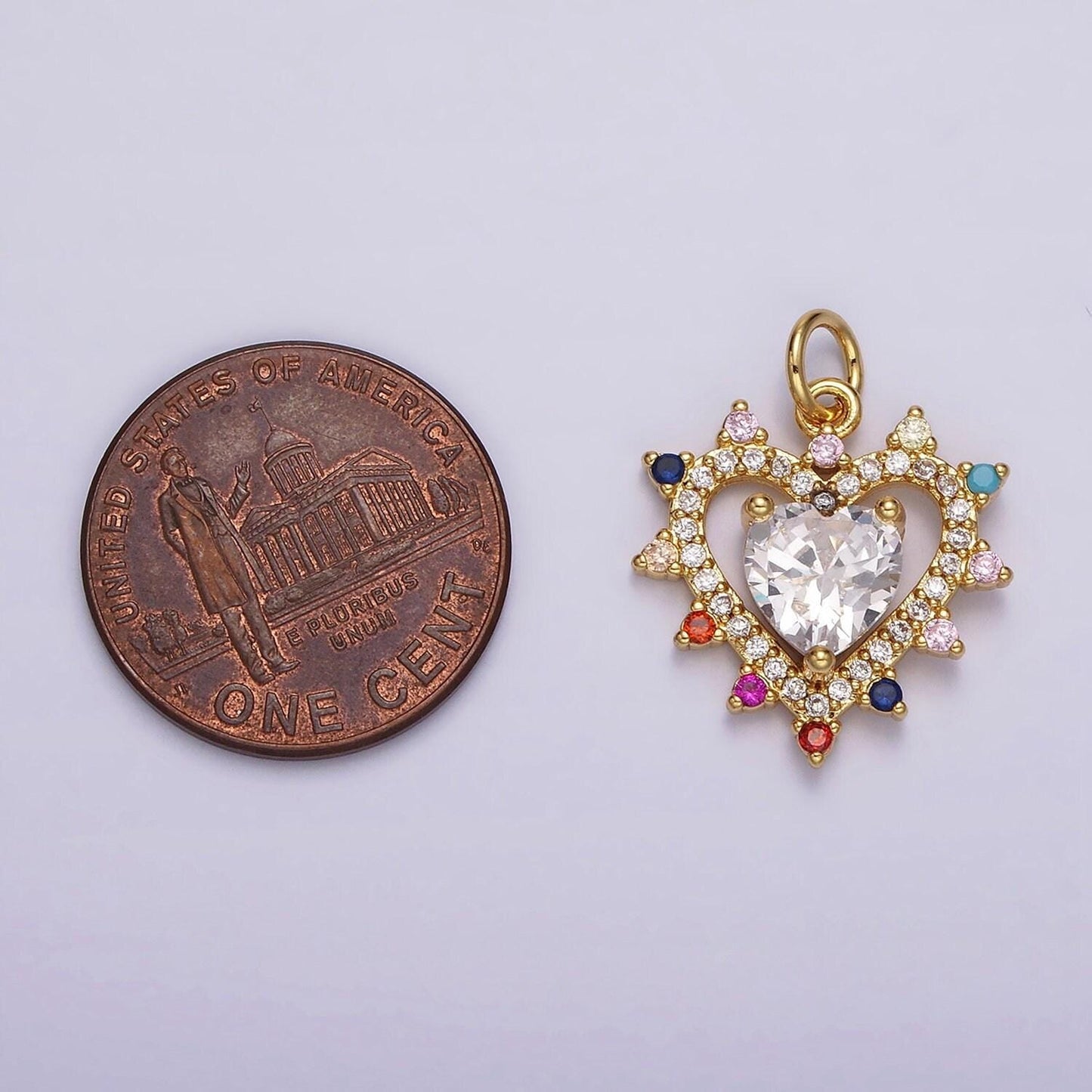 14k gold filled double heart micro paved multicolor cz dotted outline charm | ag523