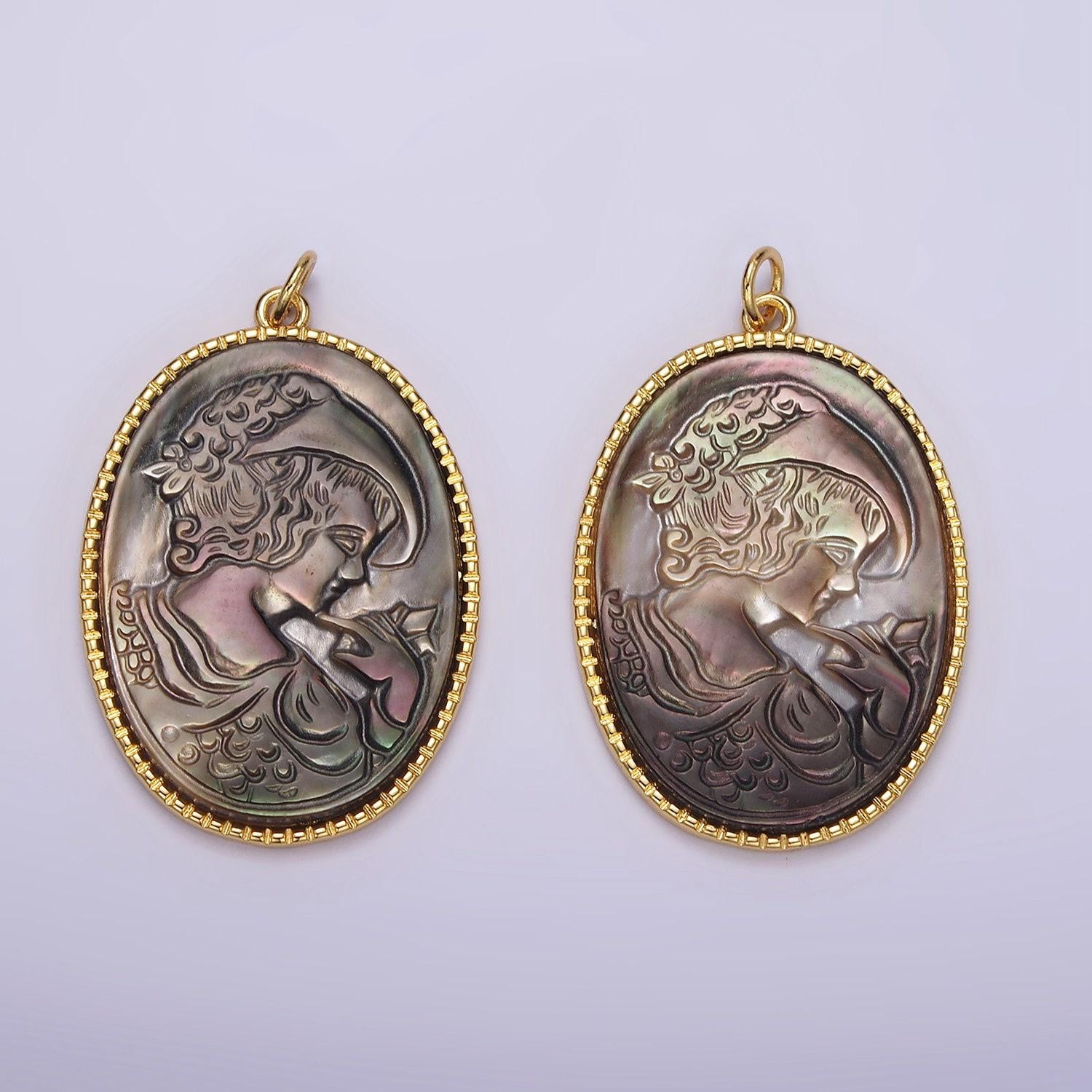 14k gold filled knight portrait cameo natural abalone pearl bezel oval charm | ag516