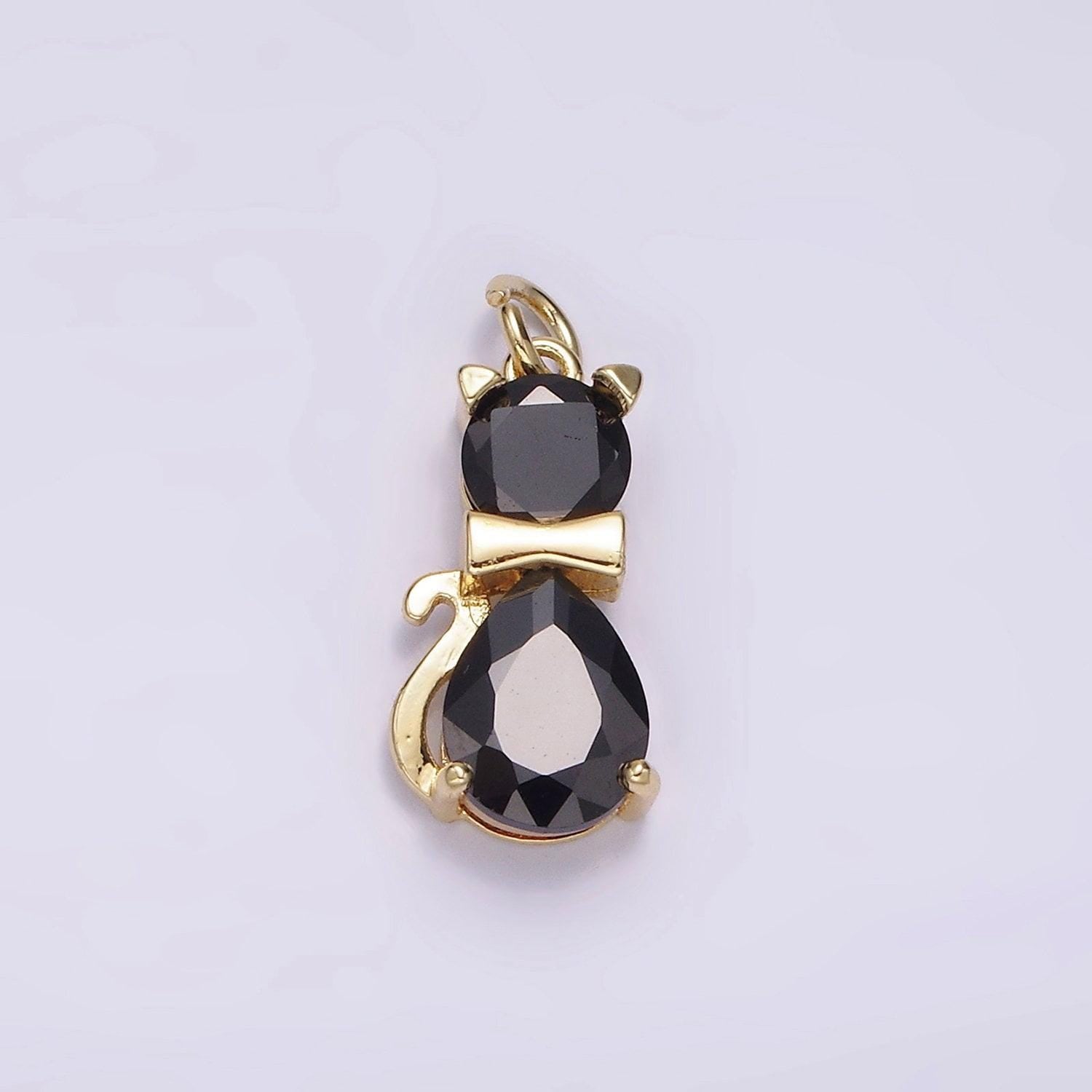 14k gold filled black, purple cz bow-tied kitty cat animal charm | ag496 ag497