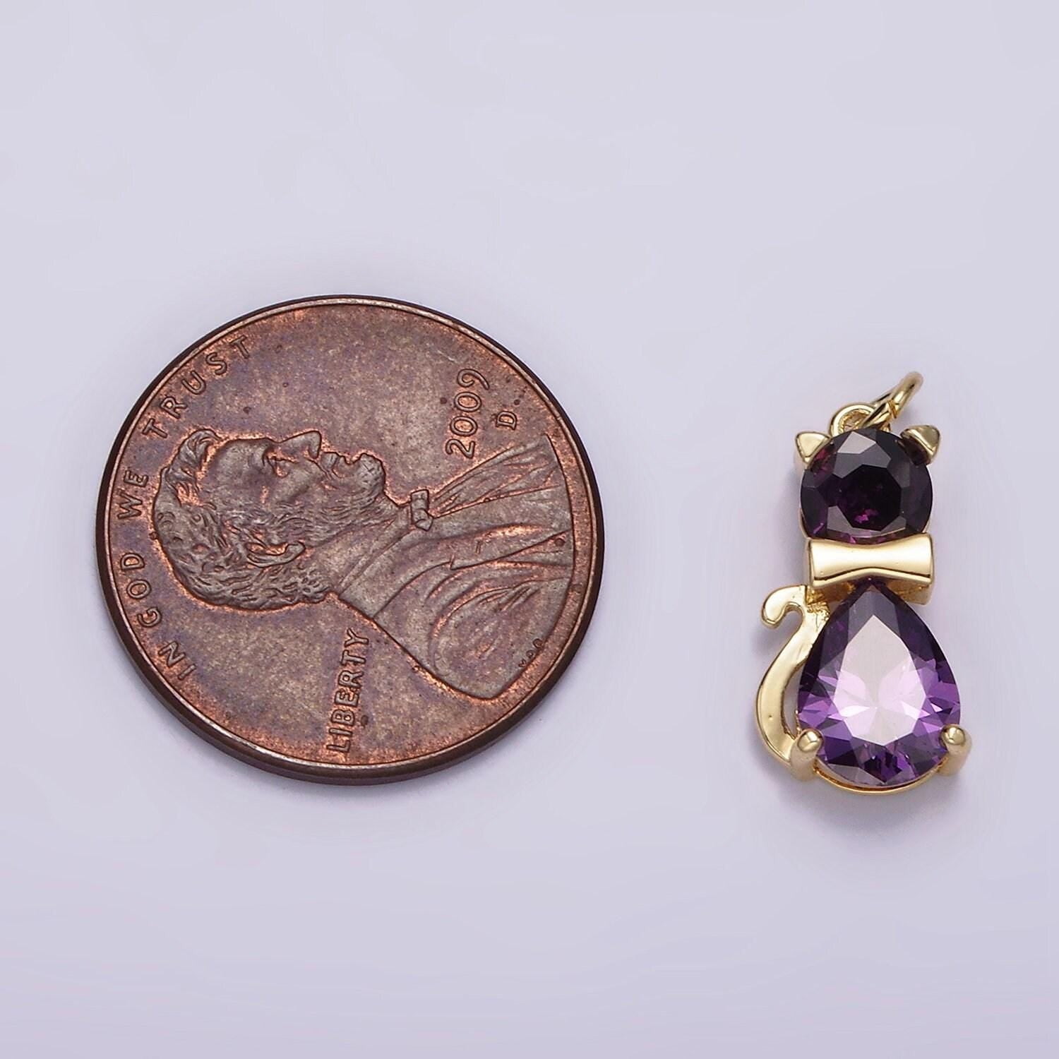 14k gold filled black, purple cz bow-tied kitty cat animal charm | ag496 ag497