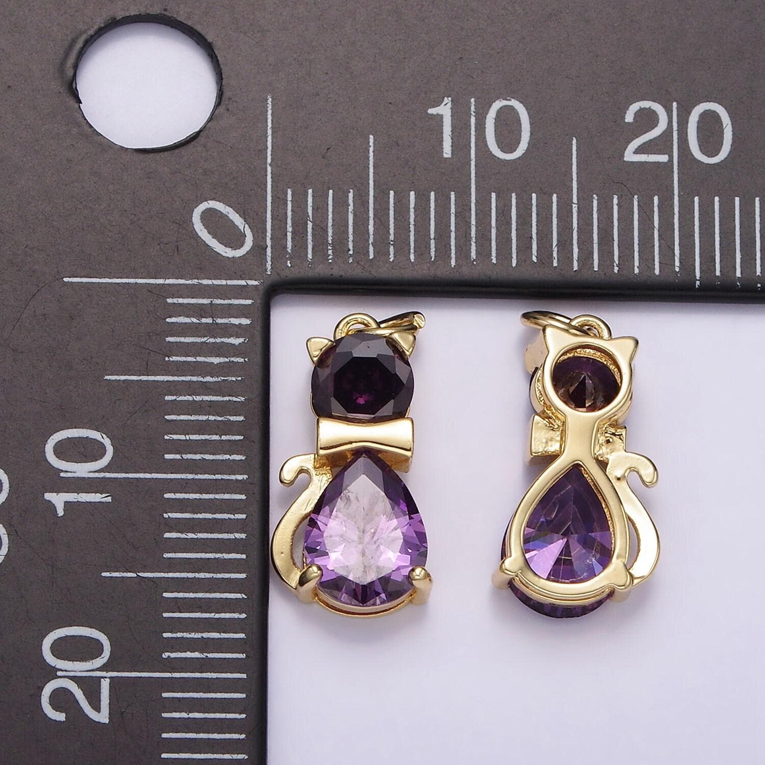 14k gold filled black, purple cz bow-tied kitty cat animal charm | ag496 ag497