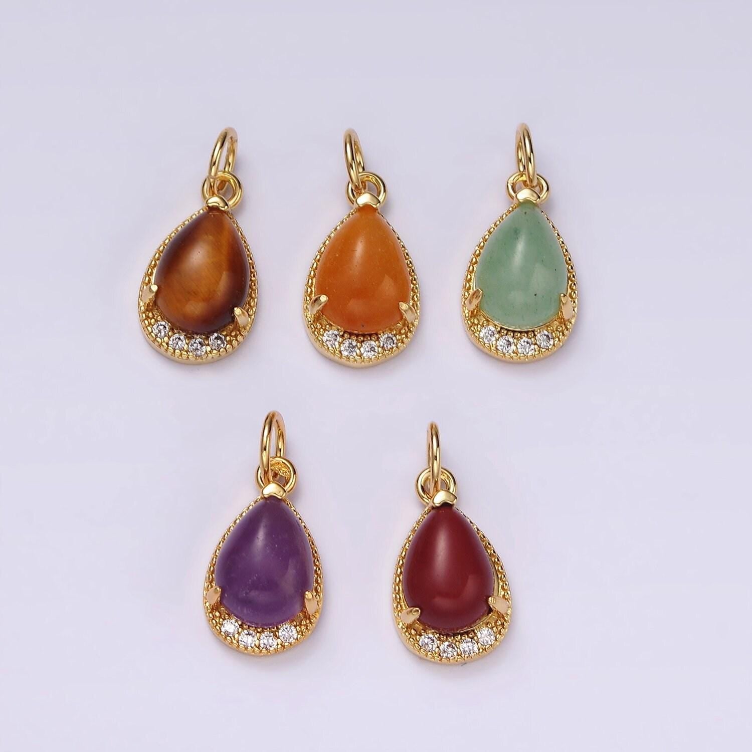 14k gold filled carnelian, topaz, aventurine, tiger eye, amethyst teardrop micro paved charm | ag481 - ag485