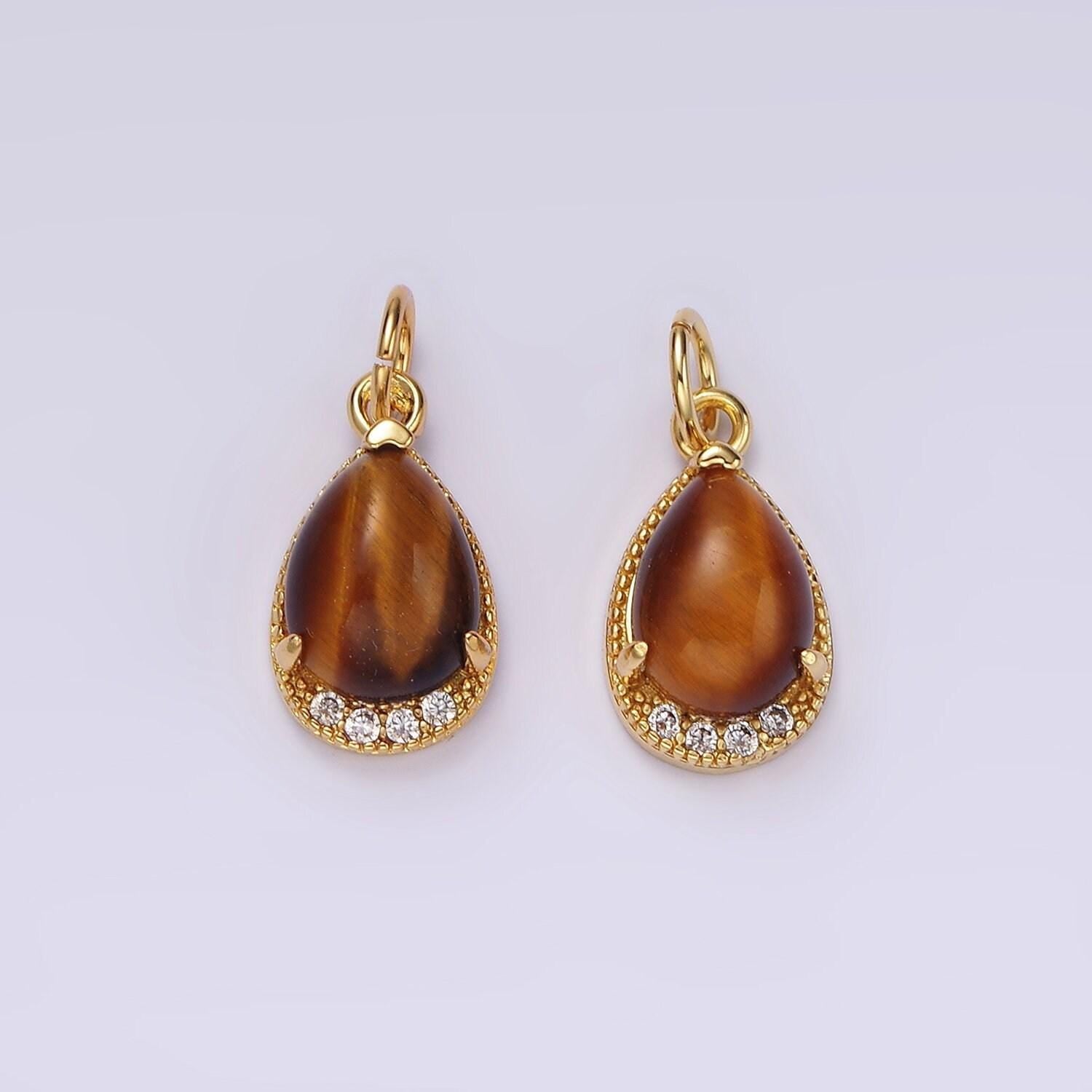 14k gold filled carnelian, topaz, aventurine, tiger eye, amethyst teardrop micro paved charm | ag481 - ag485
