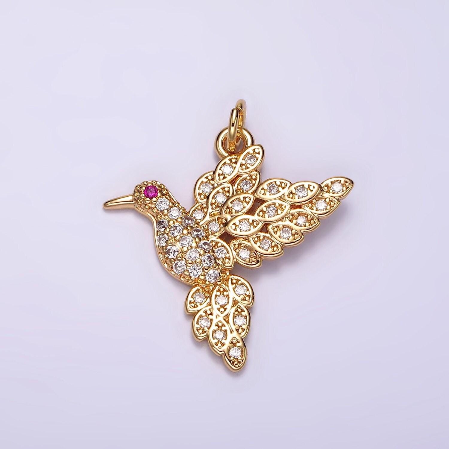 14k gold filled fuchsia-eyed bird animal micro paved cz charm | ag458