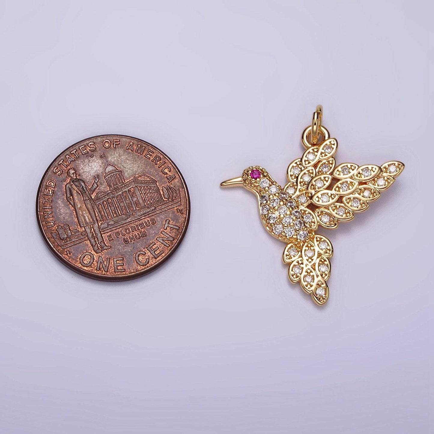 14k gold filled fuchsia-eyed bird animal micro paved cz charm | ag458