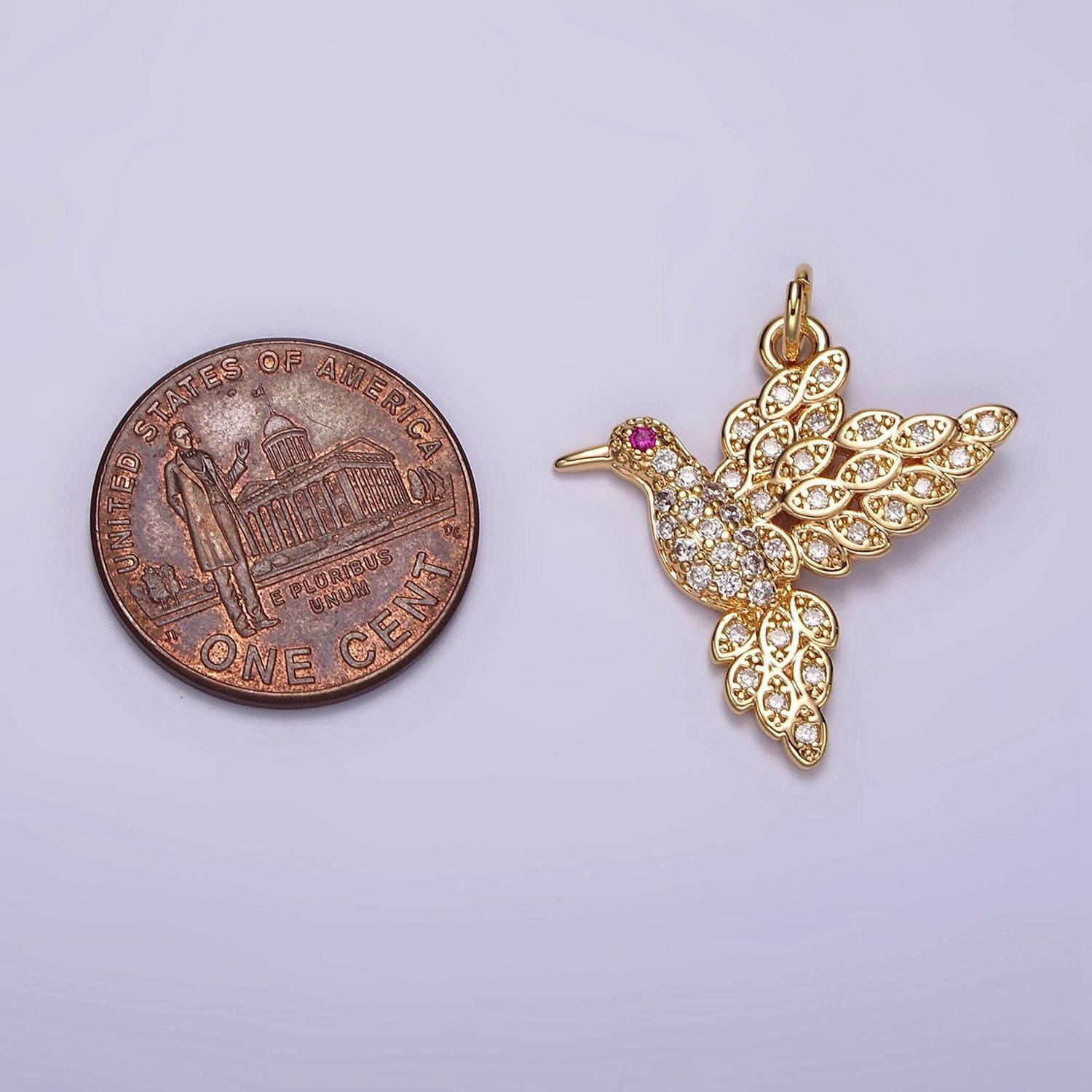 14k gold filled fuchsia-eyed bird animal micro paved cz charm | ag458