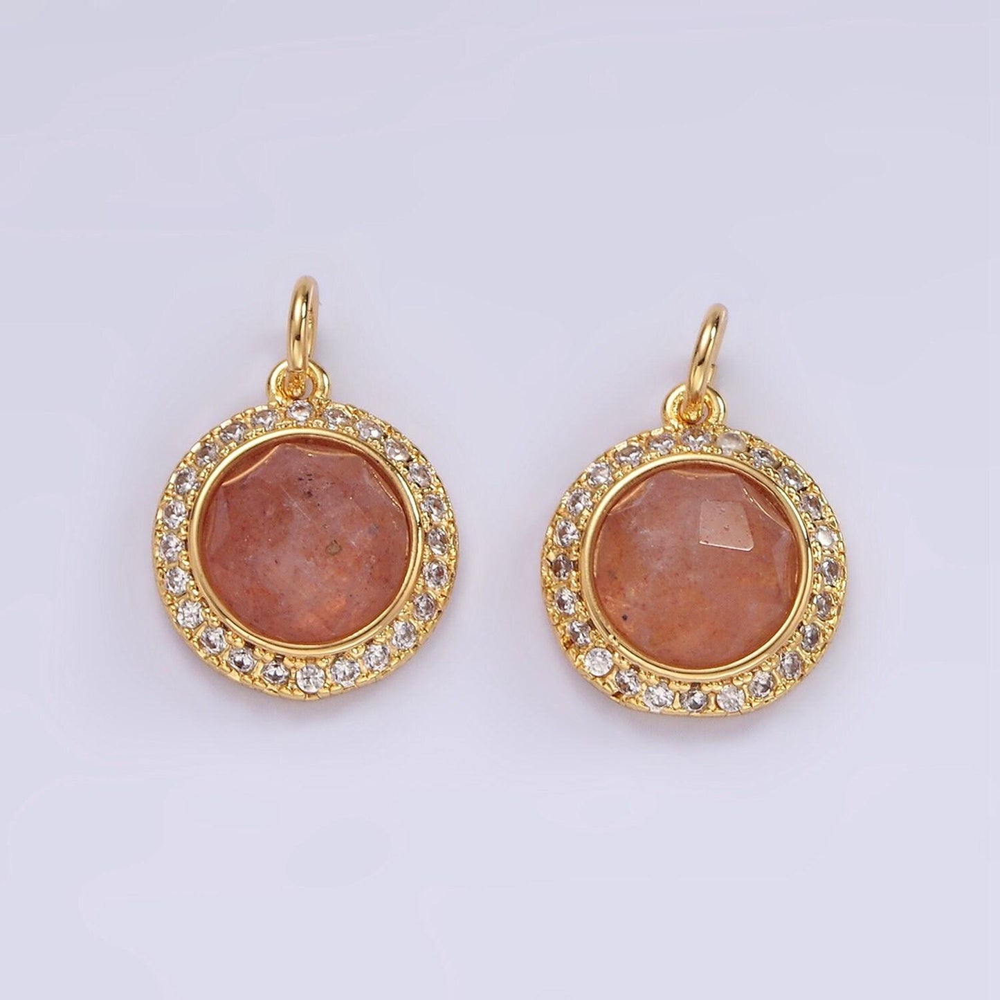 14k gold filled 12mm natural gemstone multifaceted micro paved cz round charm | ag462 - ag470