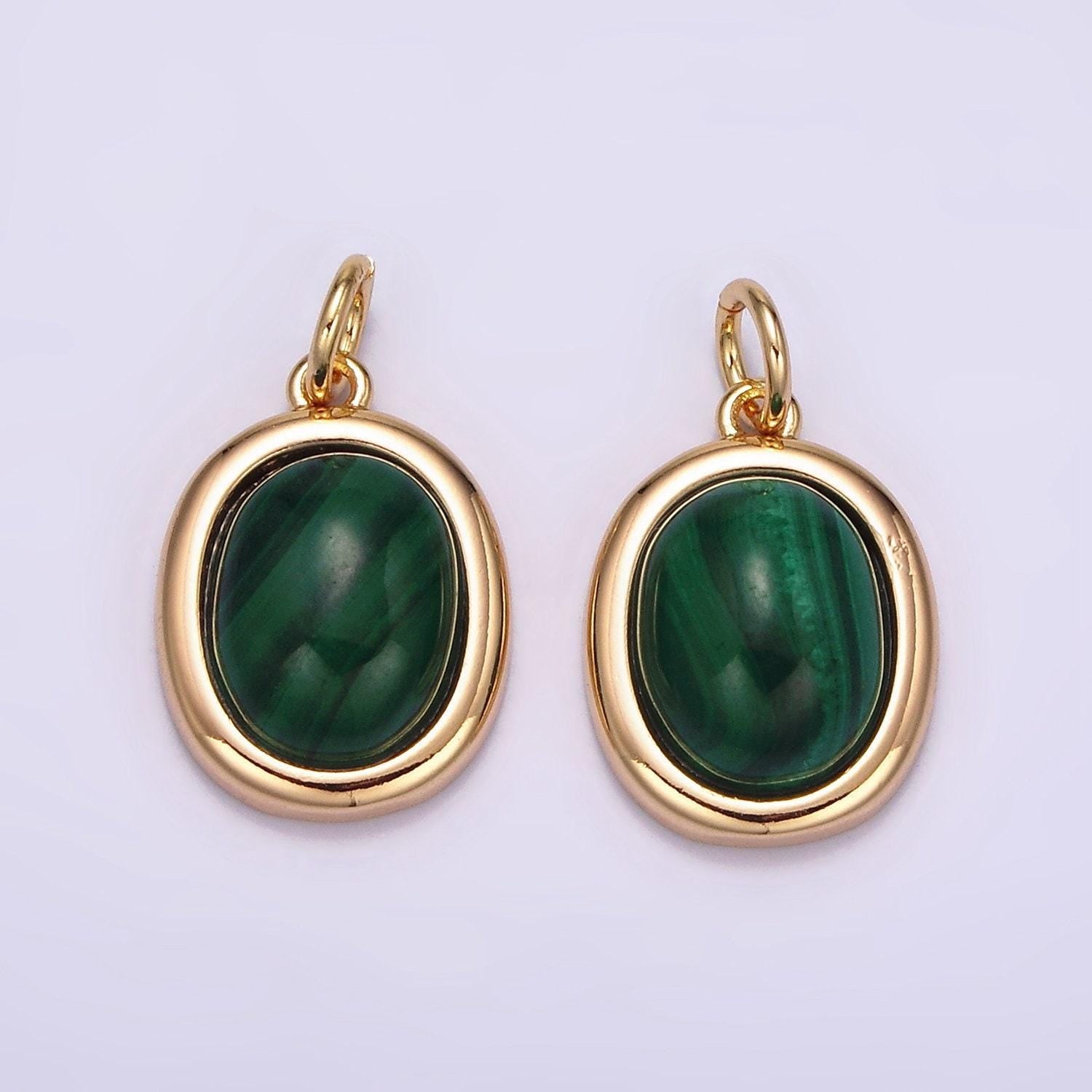 16k gold filled 10mm, 11mm green malachite cabochon bezel charm | ag453