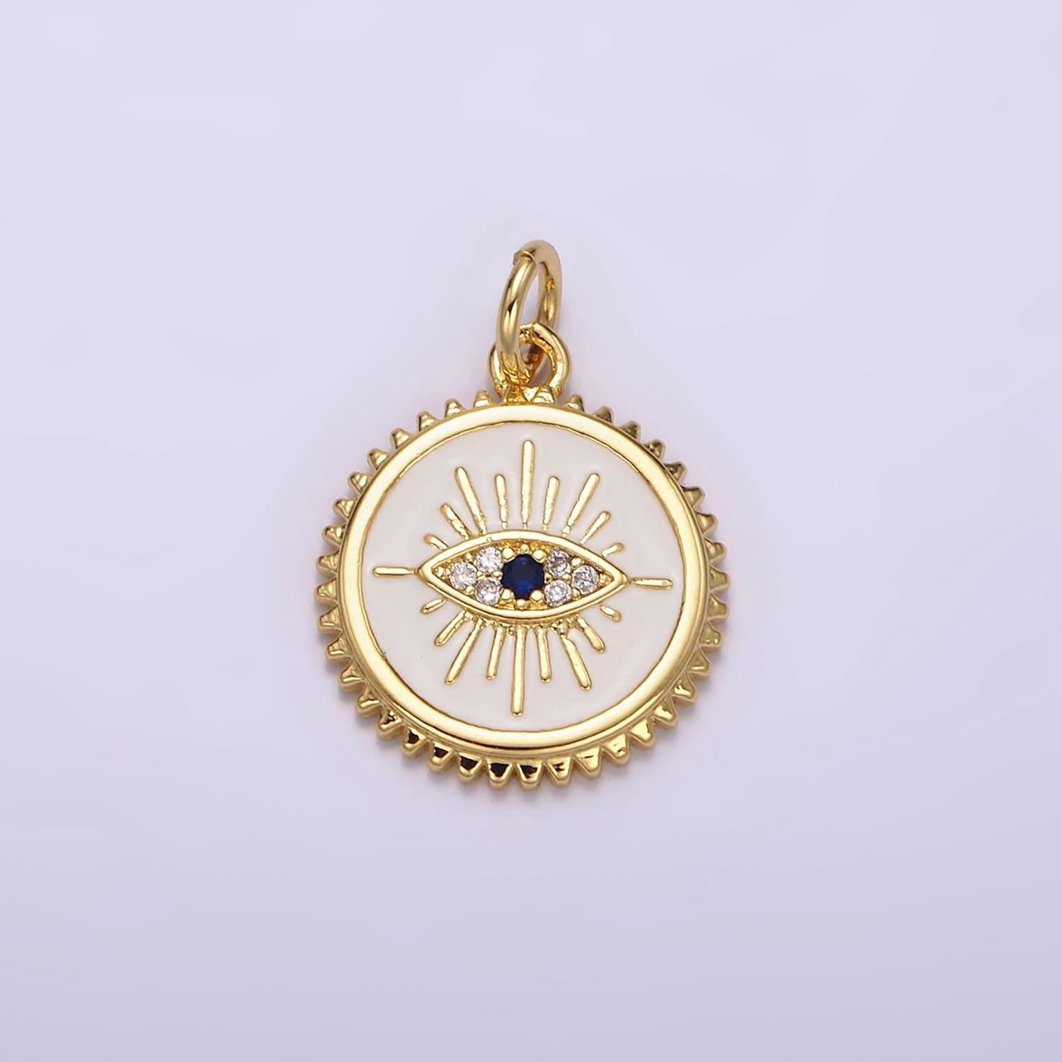 14k gold filled white, pink evil eye blue cz spiked outline round charm | ag414 ag415