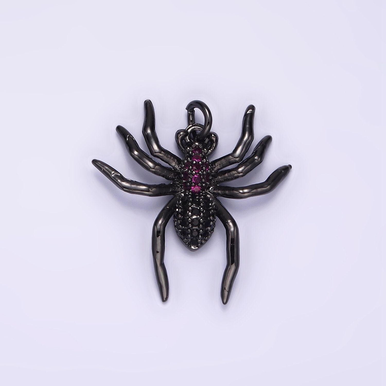 14k gold filled black widow spider insect animal fuchsia micro paved cz charm in black & gold for halloween jewelry inspired | ag383 ag384