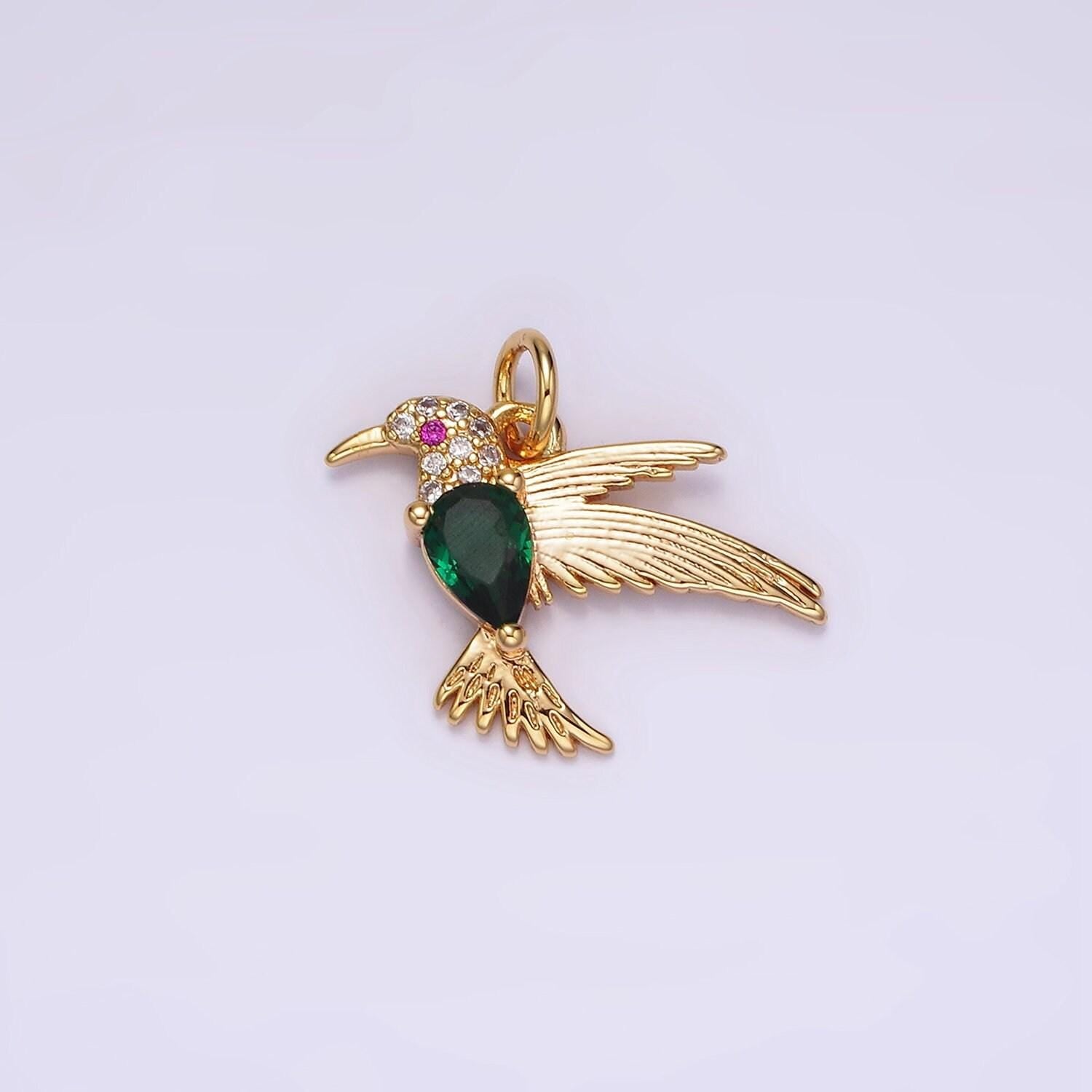 14k gold filled fuchsia-eyed clear, green teardrop micro paved cz bird charm | ag357 ag358