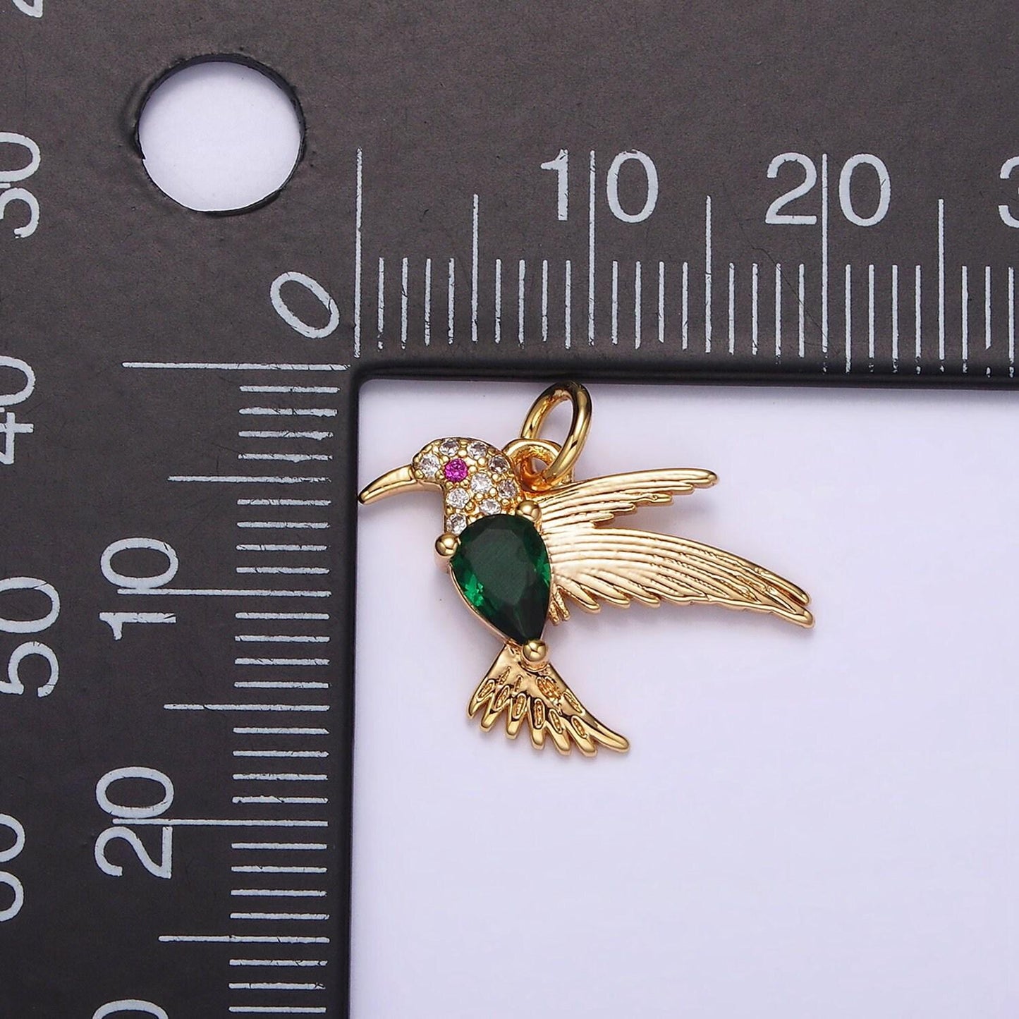 14k gold filled fuchsia-eyed clear, green teardrop micro paved cz bird charm | ag357 ag358