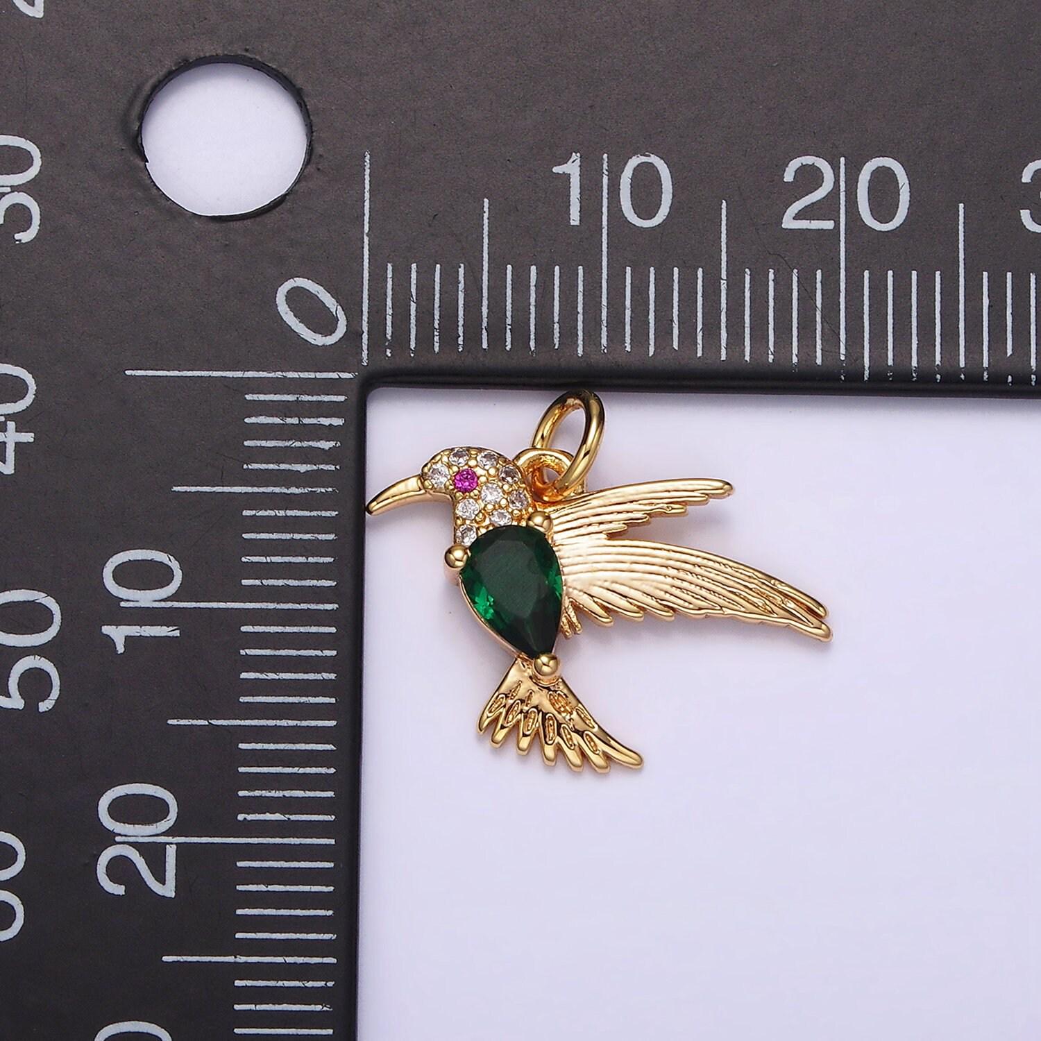 14k gold filled fuchsia-eyed clear, green teardrop micro paved cz bird charm | ag357 ag358