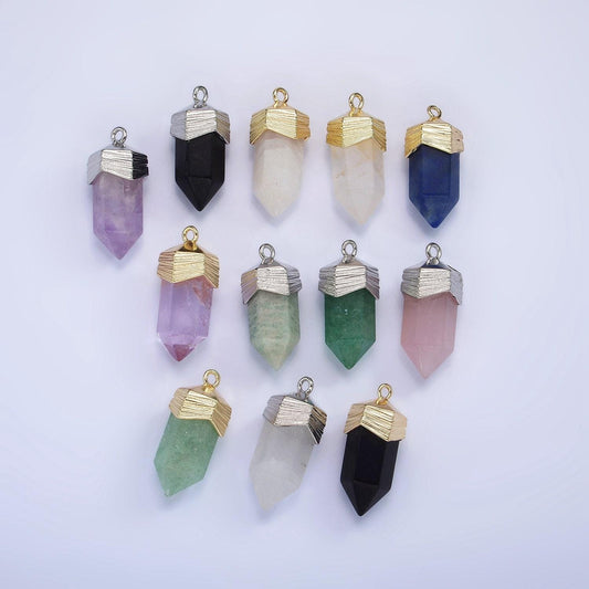 Dainty pendulum gemstone pointed pendant stone crystal, amethyst, quartz, onyx , amazonite, teal gold plated ag343
