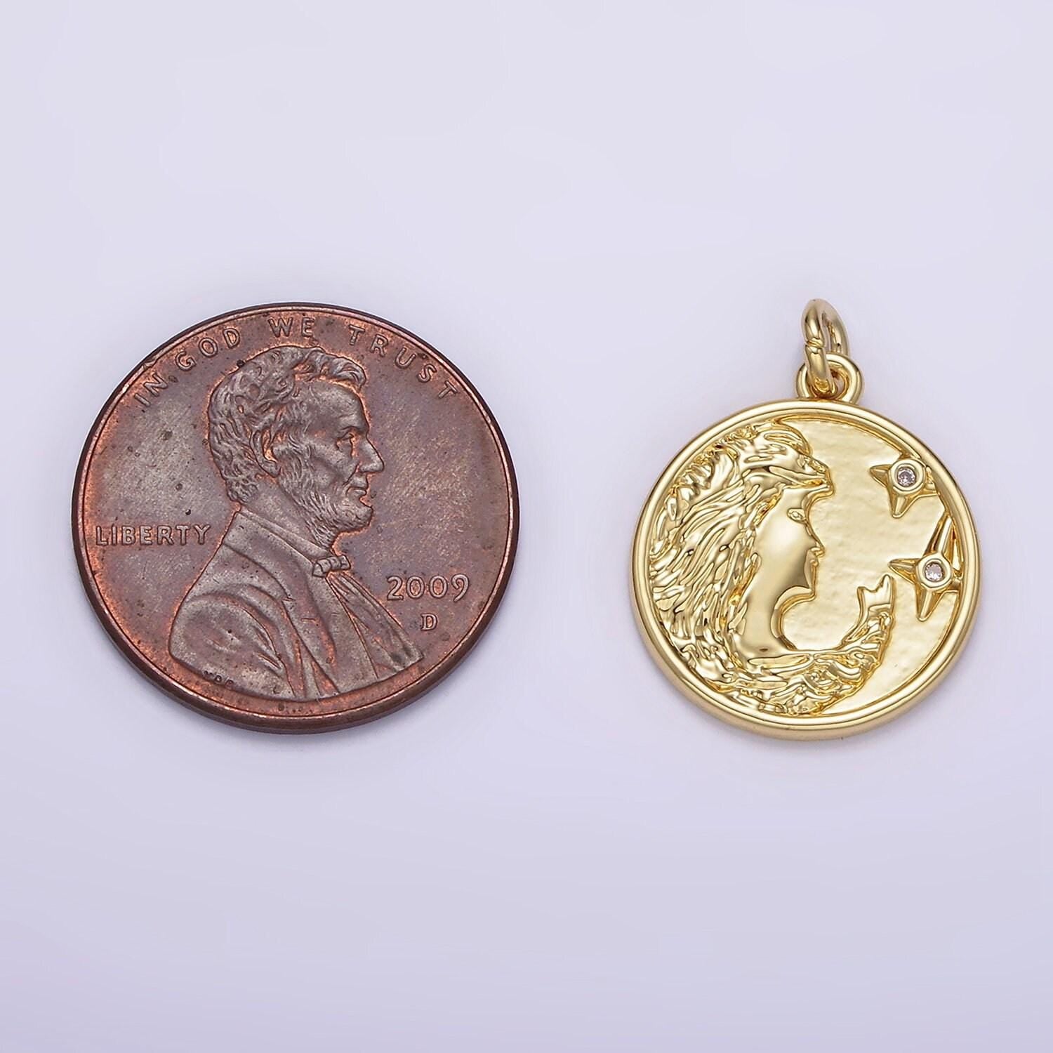 14k gold filled women portrait cameo double cz celestial star round charm | ag315