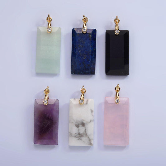 Dainty natural gemstone howlite amethyst rose quartz onyx tax rectangle charm cz bail pendant | ag288 - ag293