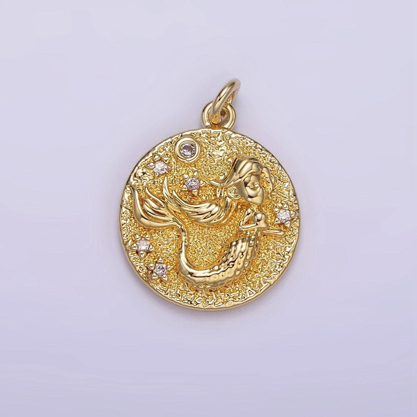 14k gold filled round medallion mermaid under the sea cz rustic round charm | ag266