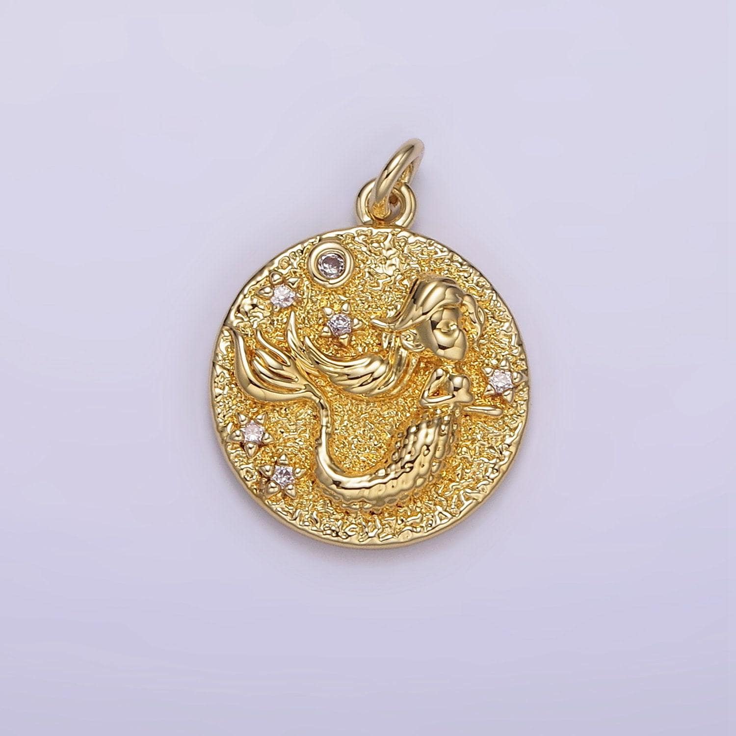14k gold filled round medallion mermaid under the sea cz rustic round charm | ag266