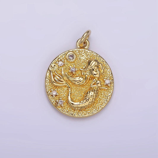 14k gold filled round medallion mermaid under the sea cz rustic round charm | ag266
