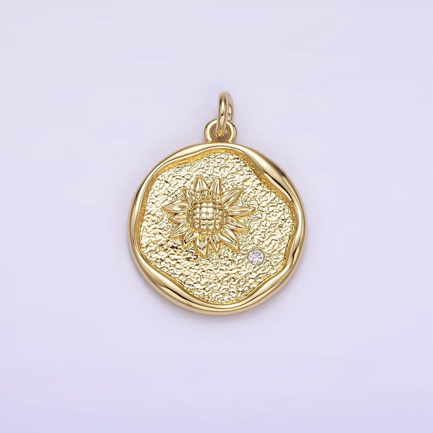14k gold filled clear cz sunflower hammered stamped round charm | ag261