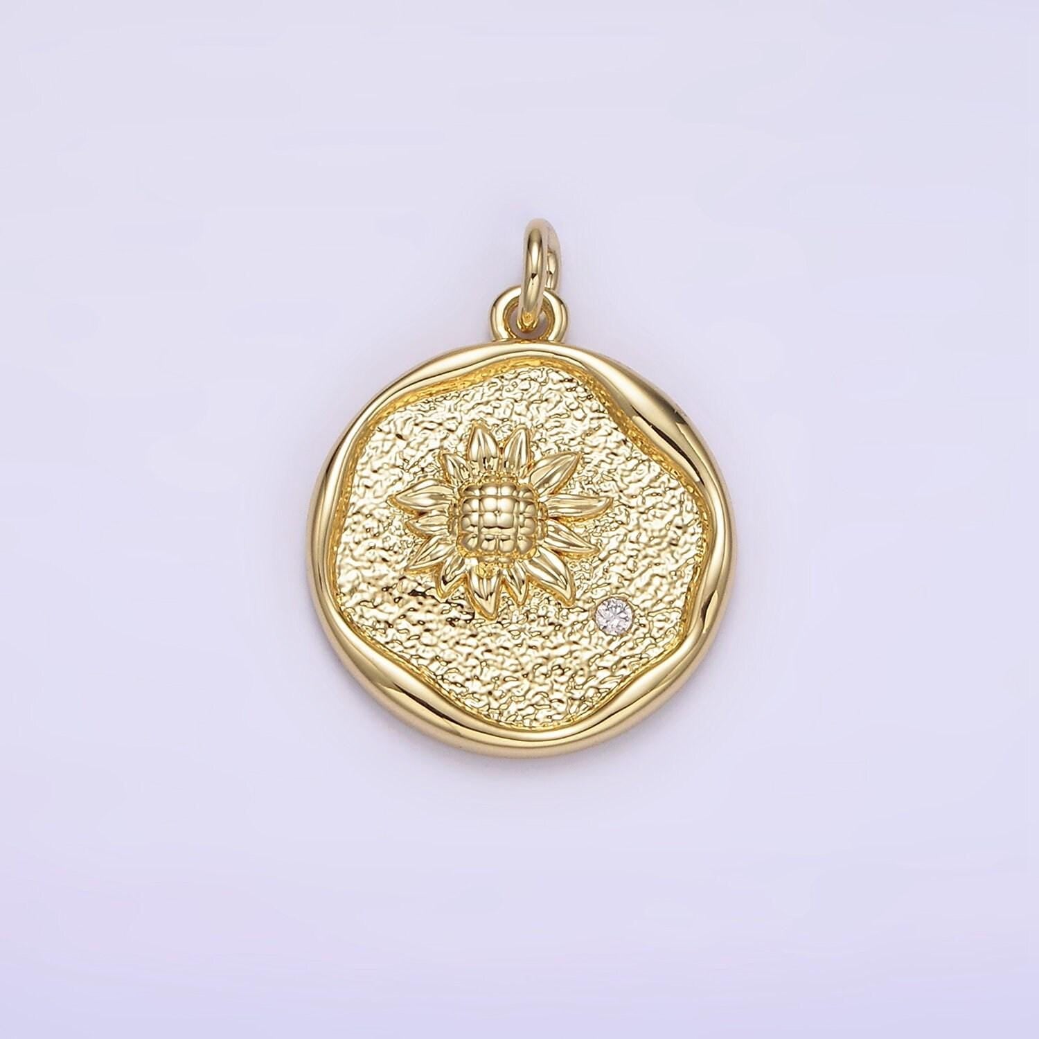 14k gold filled clear cz sunflower hammered stamped round charm | ag261
