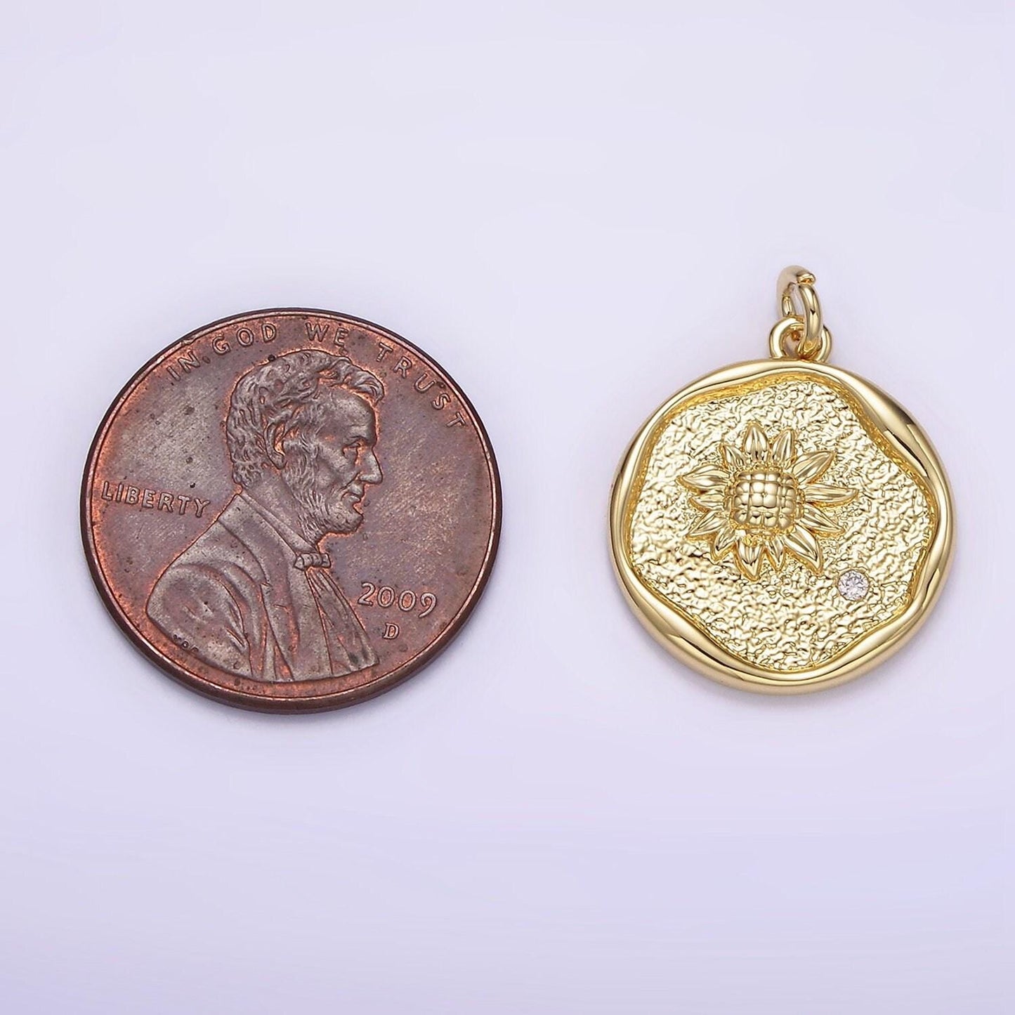 14k gold filled clear cz sunflower hammered stamped round charm | ag261