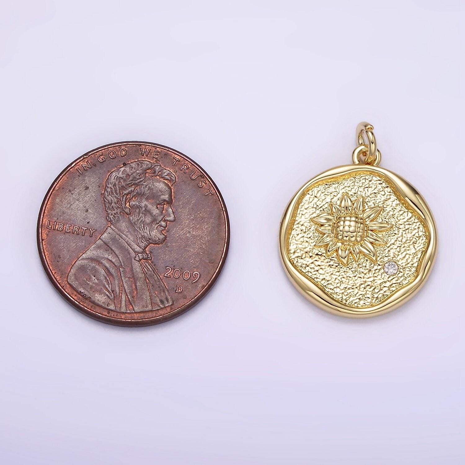 14k gold filled clear cz sunflower hammered stamped round charm | ag261