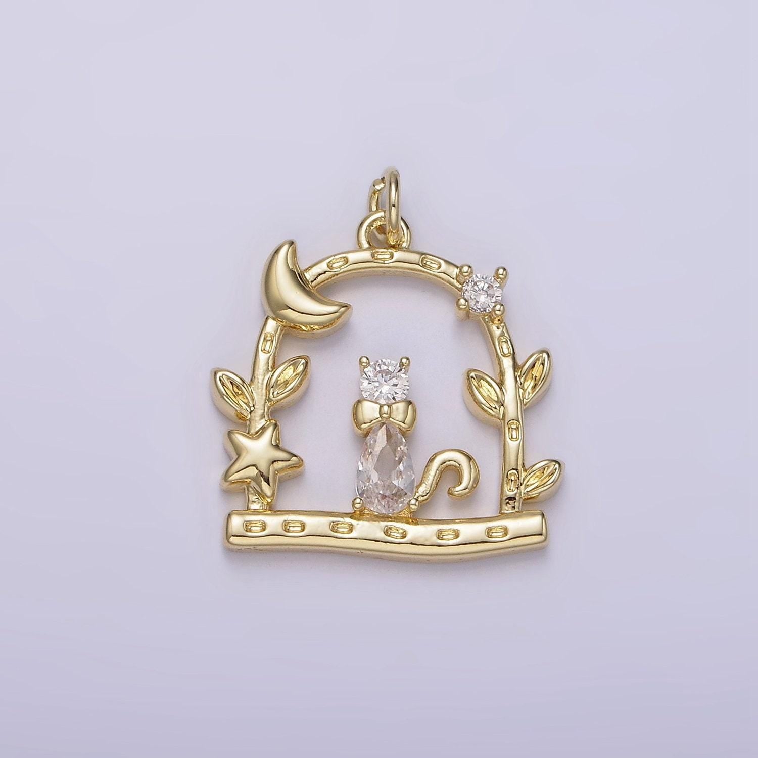 14k gold filled clear cz cat animal pet celestial crescent moon star night leaf dented open gate garden charm | ag248