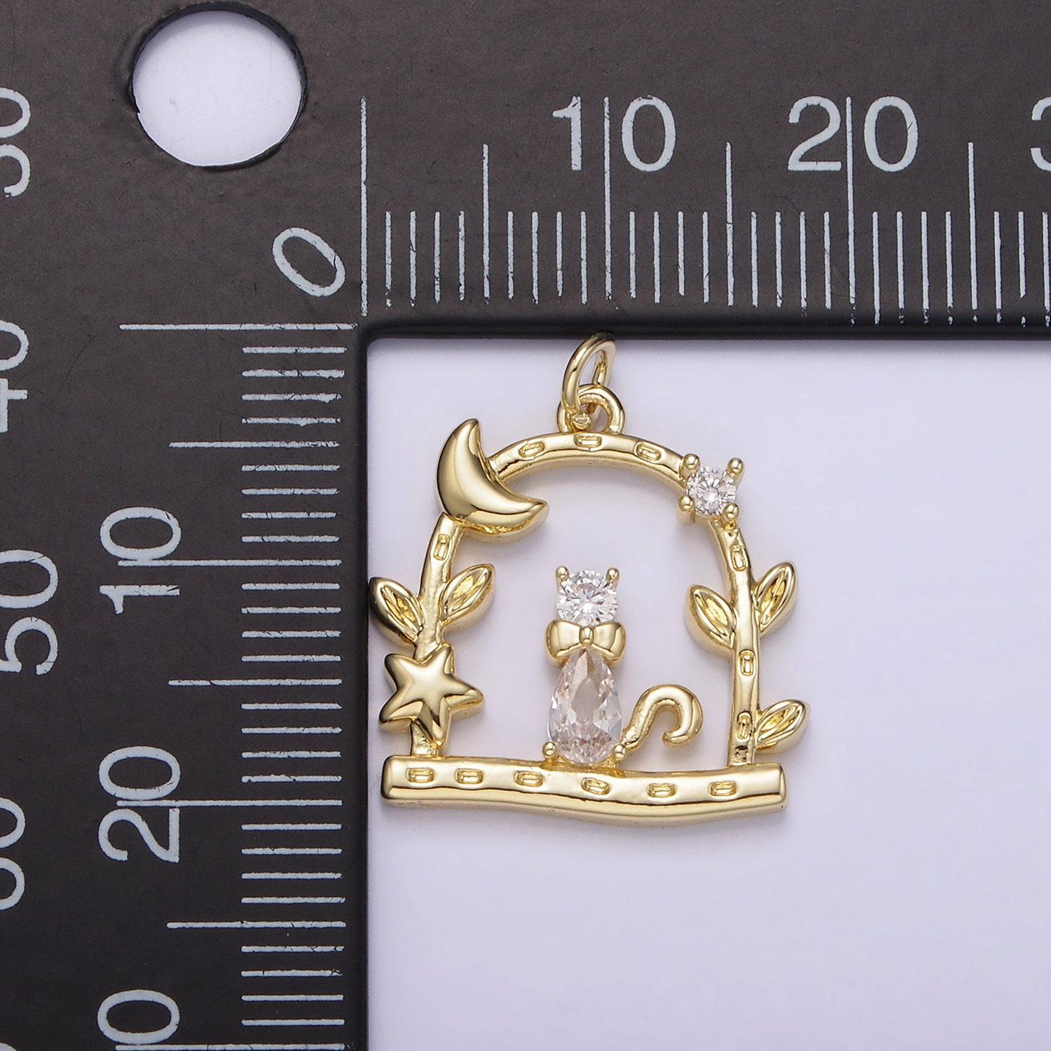 14k gold filled clear cz cat animal pet celestial crescent moon star night leaf dented open gate garden charm | ag248