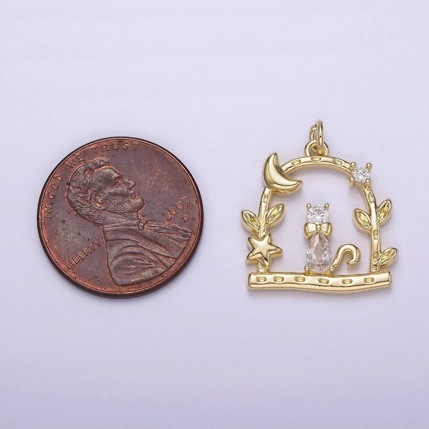 14k gold filled clear cz cat animal pet celestial crescent moon star night leaf dented open gate garden charm | ag248