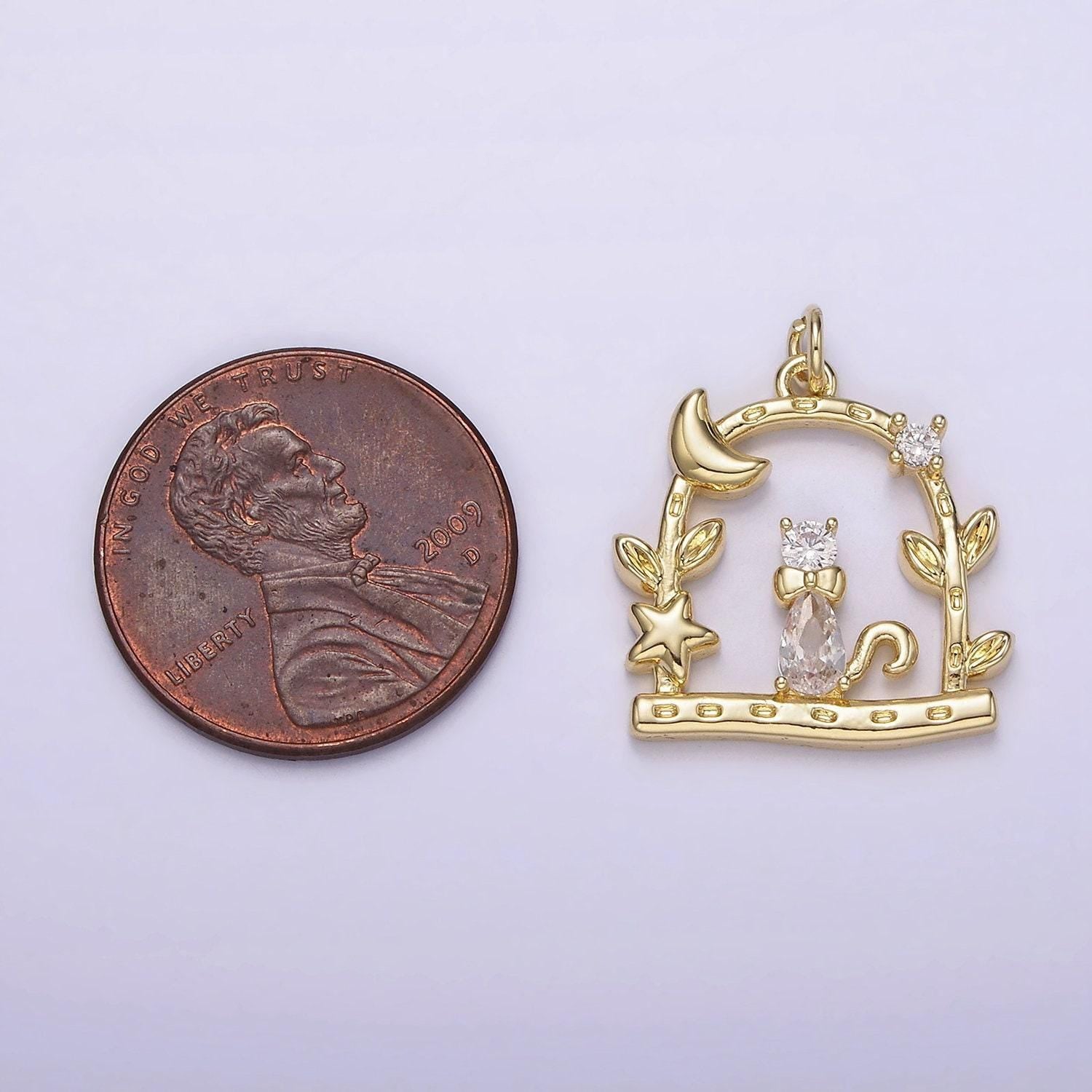 14k gold filled clear cz cat animal pet celestial crescent moon star night leaf dented open gate garden charm | ag248