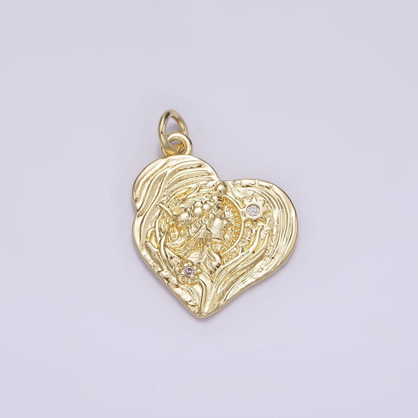 14k gold filled women portrait celestial sun flower cz textured abstract heart charm | ag247