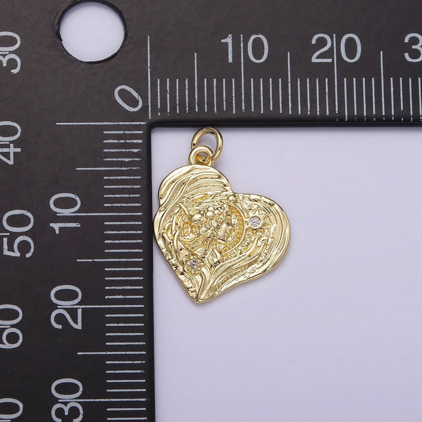 14k gold filled women portrait celestial sun flower cz textured abstract heart charm | ag247