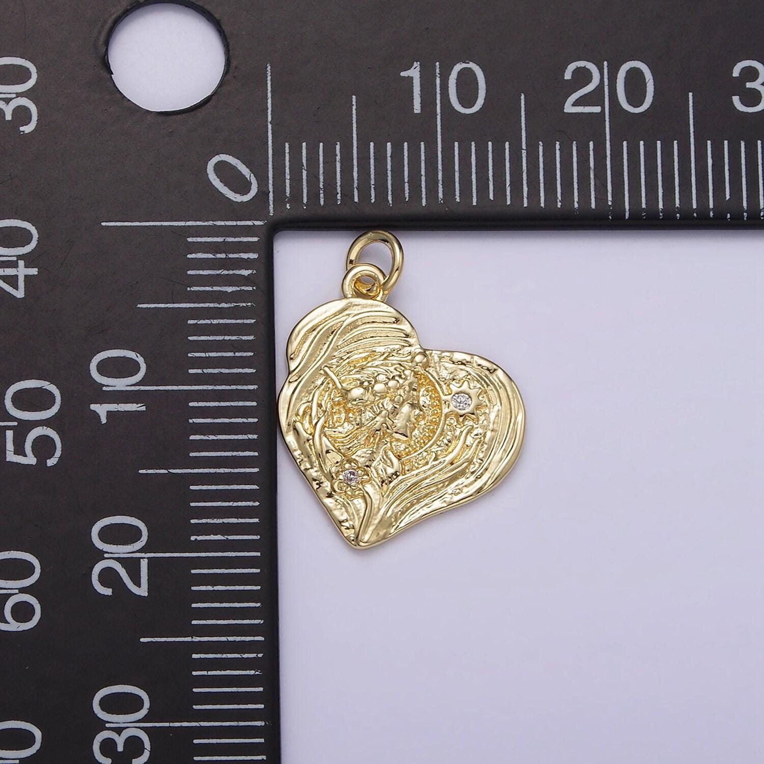 14k gold filled women portrait celestial sun flower cz textured abstract heart charm | ag247