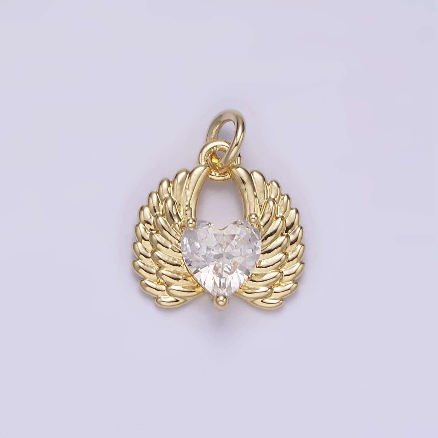 14k gold filled clear cz heart angel wings charm | ag228