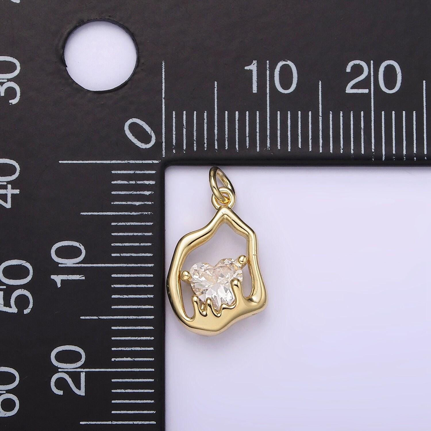 14k gold filled frame clear heart cz melt molten drip abstract oval charm | ag222