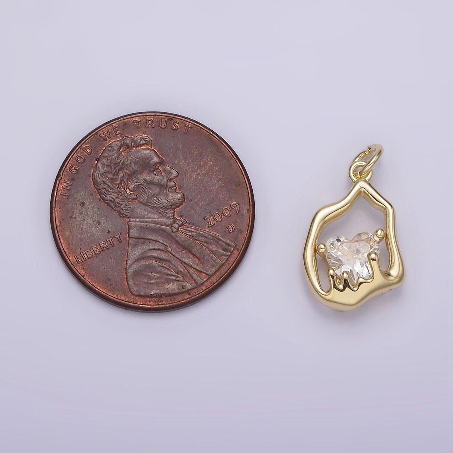 14k gold filled frame clear heart cz melt molten drip abstract oval charm | ag222