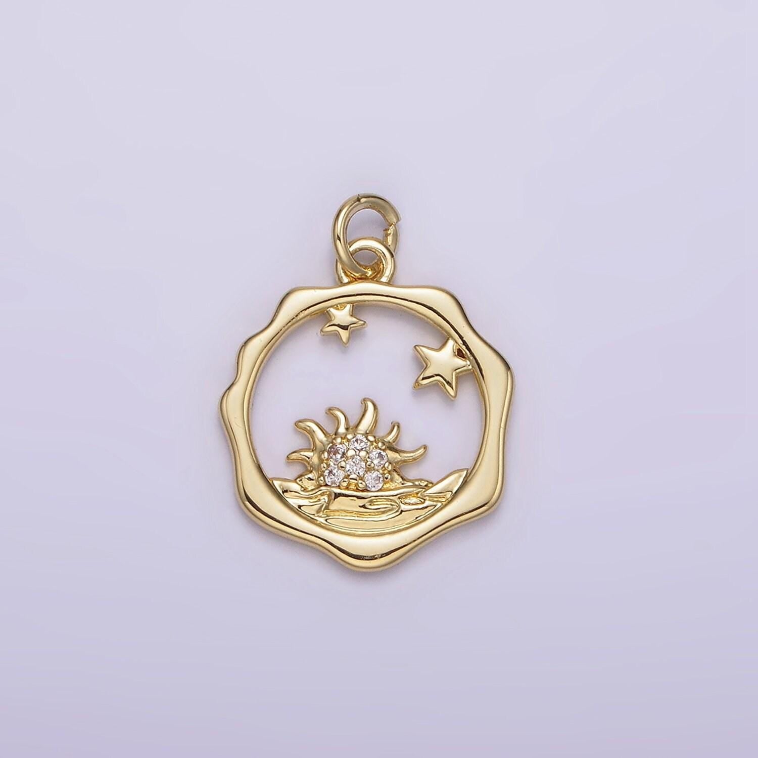 14k gold filled frame micro paved cz celestial stars sun set sea open wavy round charm | ag218