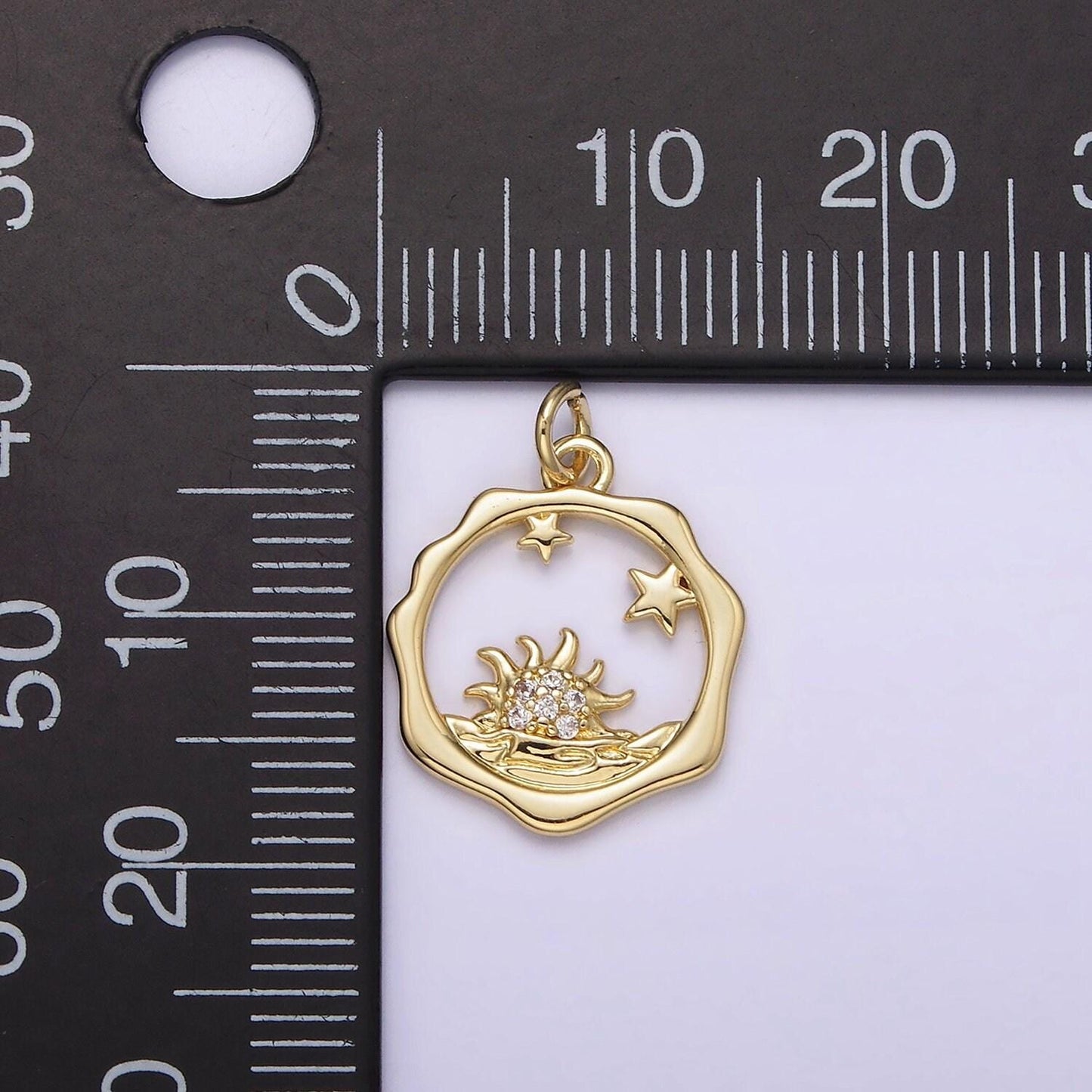 14k gold filled frame micro paved cz celestial stars sun set sea open wavy round charm | ag218