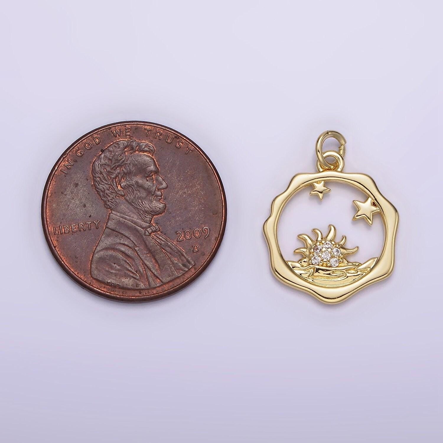 14k gold filled frame micro paved cz celestial stars sun set sea open wavy round charm | ag218
