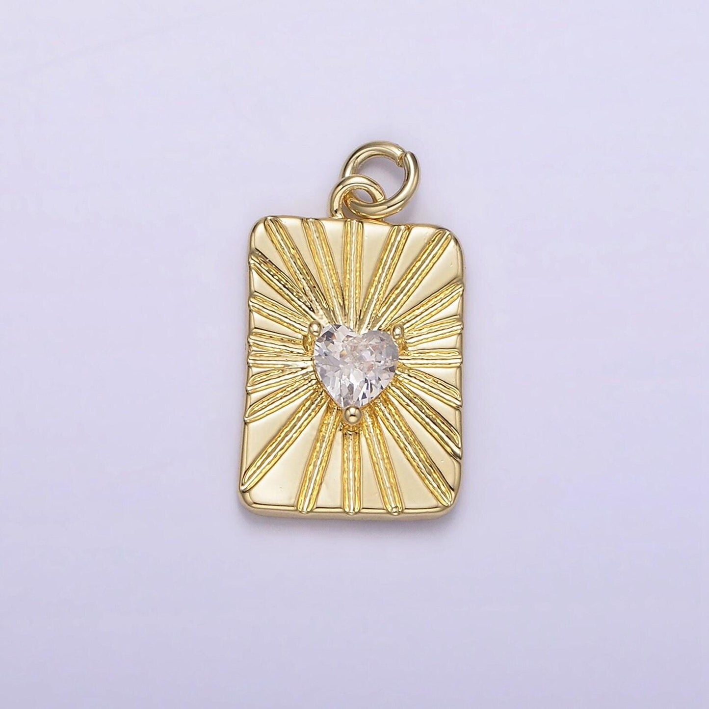 14k gold filled clear cz heart celestial sun burst ray tag rectangular charm | ag214