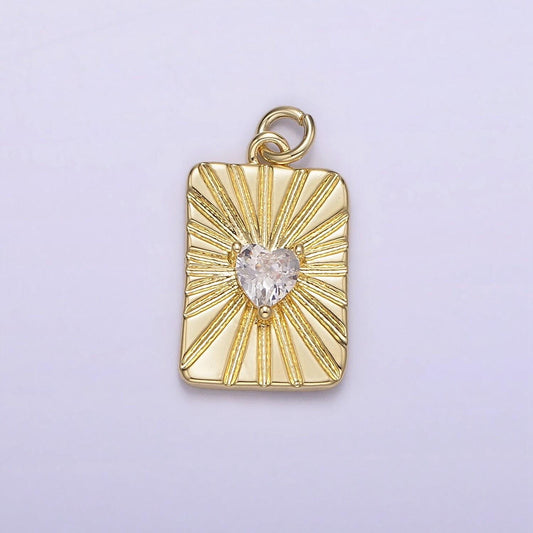 14k gold filled clear cz heart celestial sun burst ray tag rectangular charm | ag214
