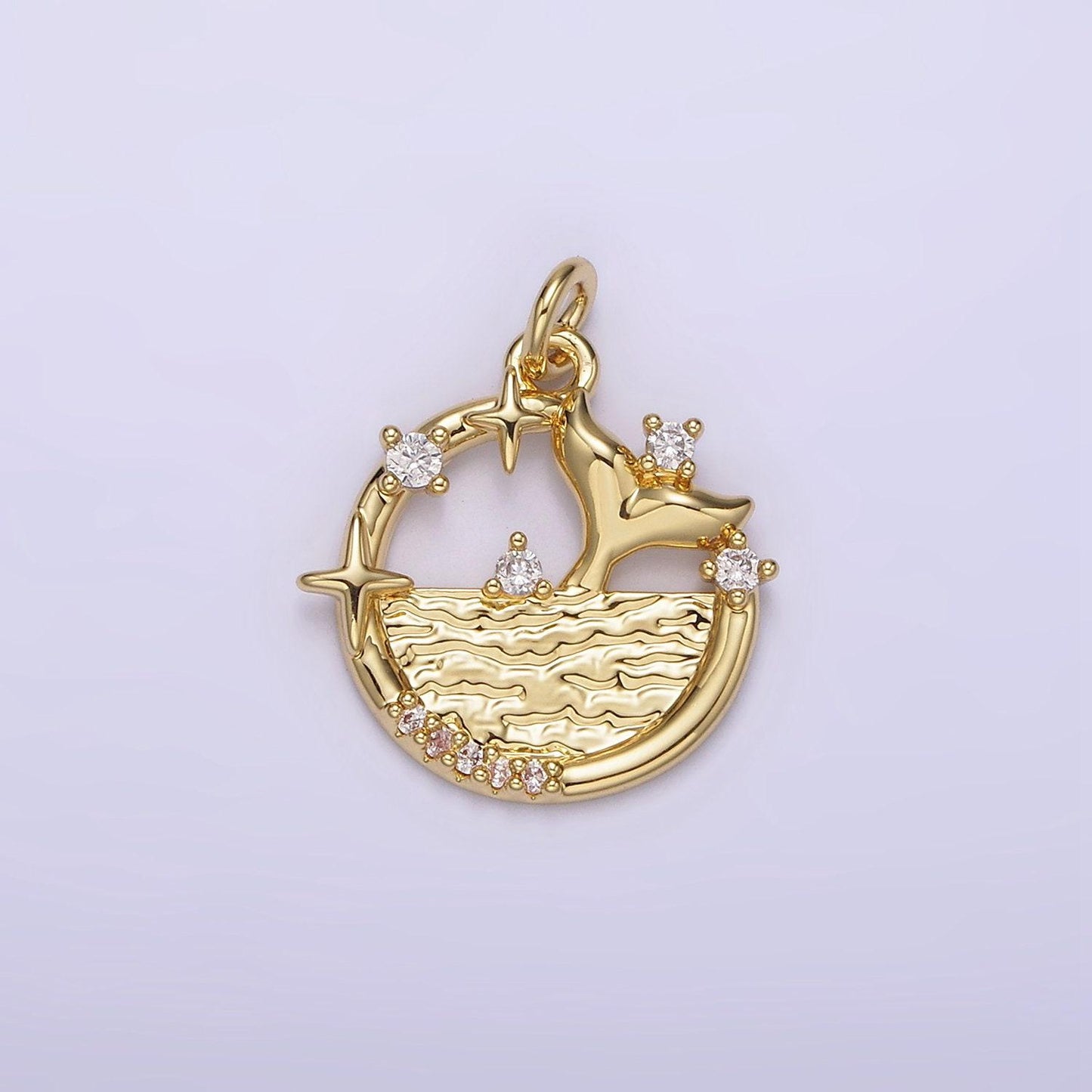 14k gold filled round medallion mermaid tail under the sea cz coin round charm | ag212