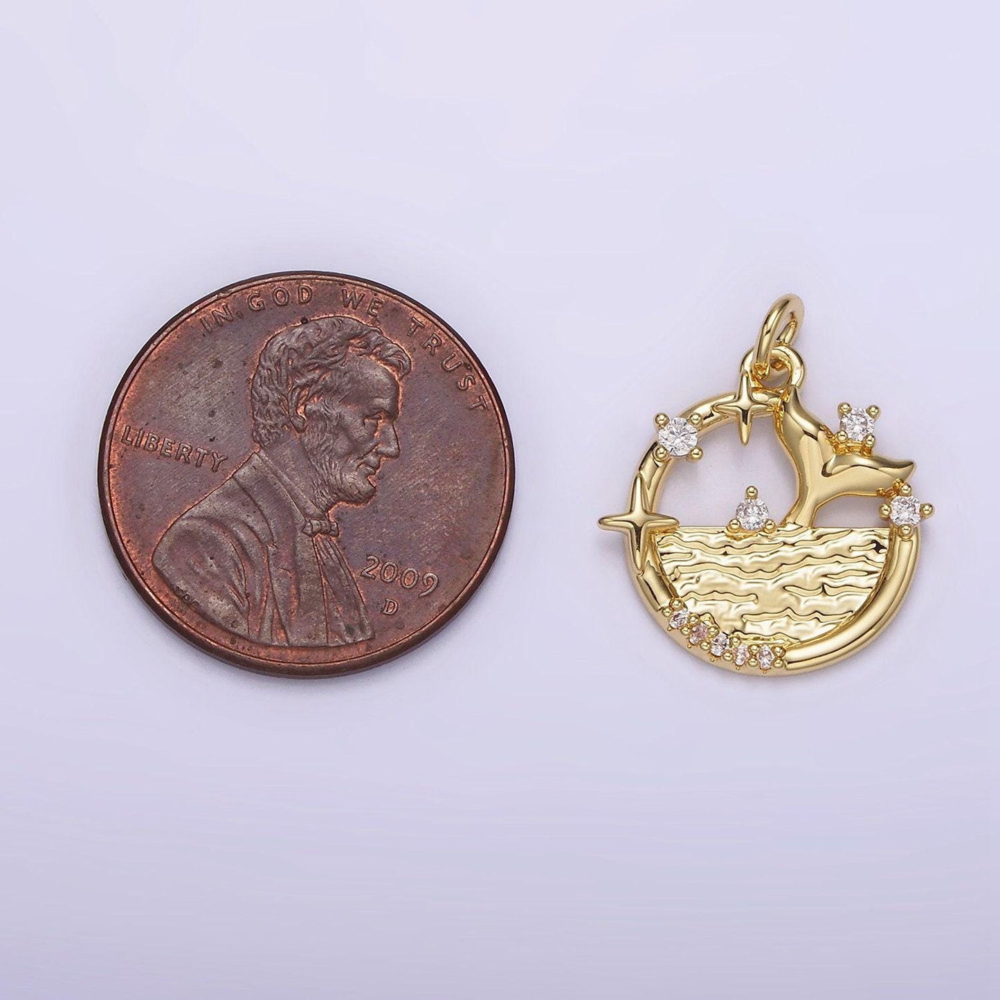 14k gold filled round medallion mermaid tail under the sea cz coin round charm | ag212