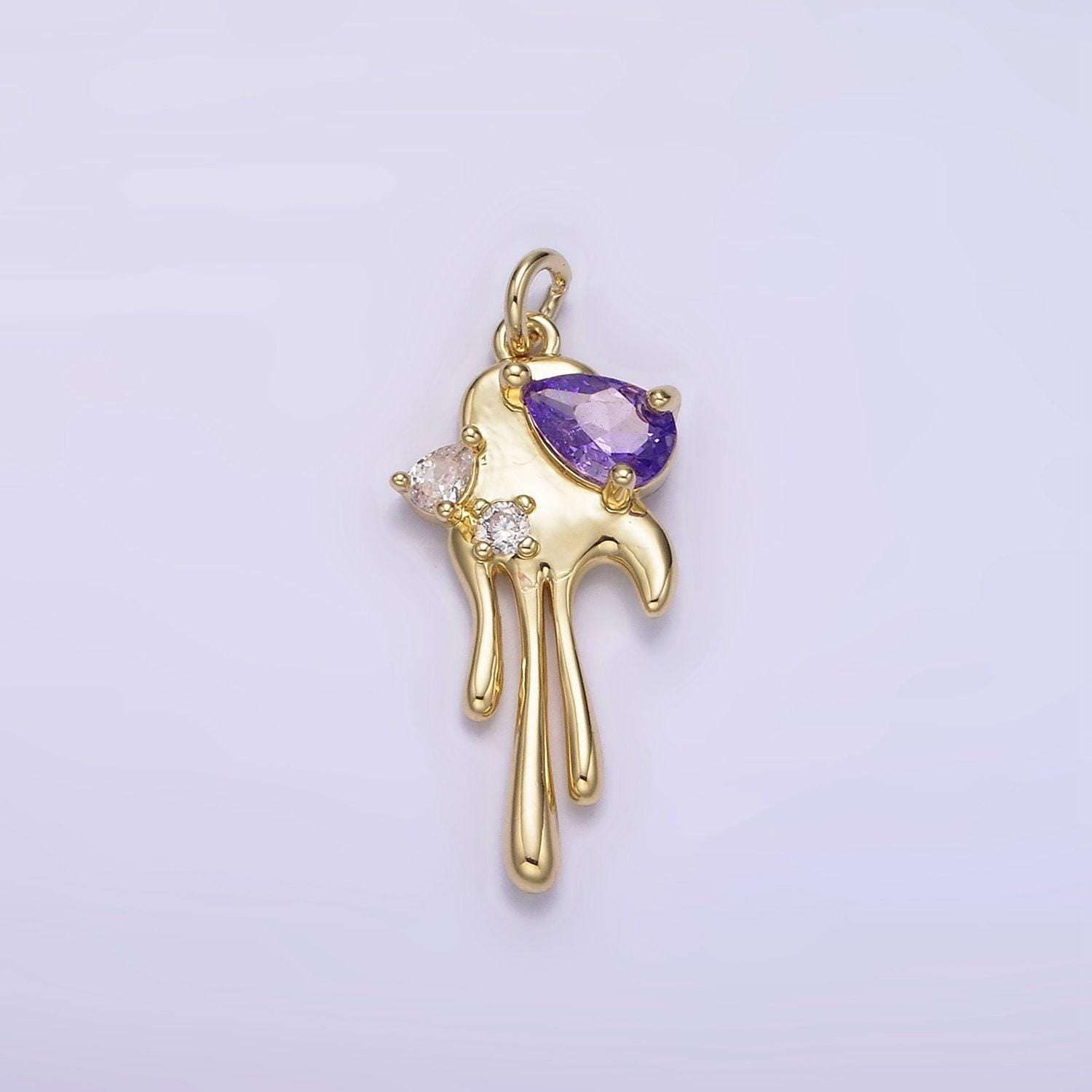 Dainty gold dripping melting heart with clear purple cz stone ag-204 ag-205