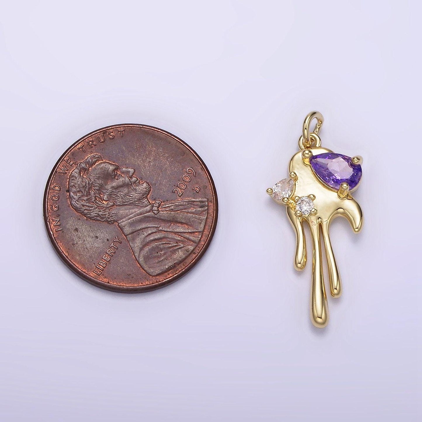 Dainty gold dripping melting heart with clear purple cz stone ag-204 ag-205