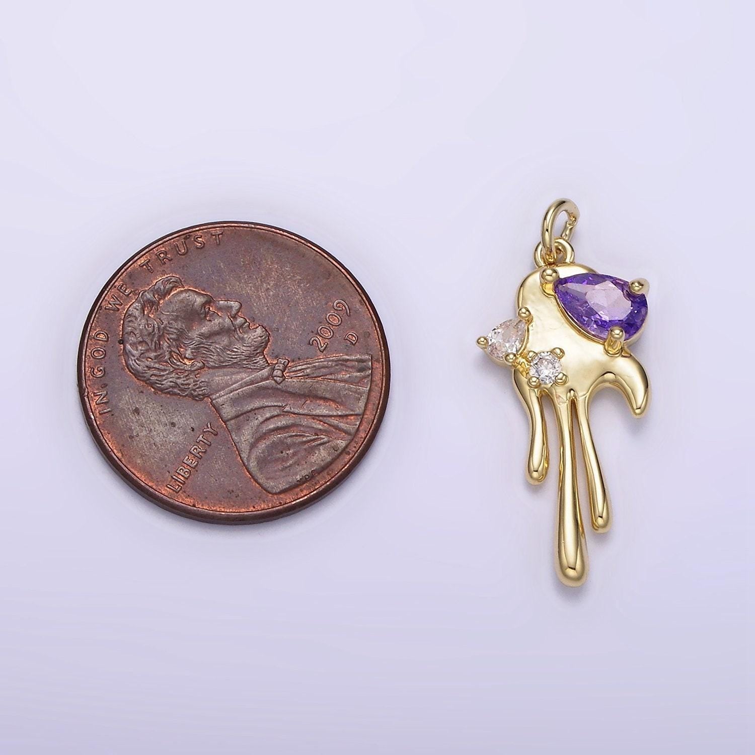 Dainty gold dripping melting heart with clear purple cz stone ag-204 ag-205