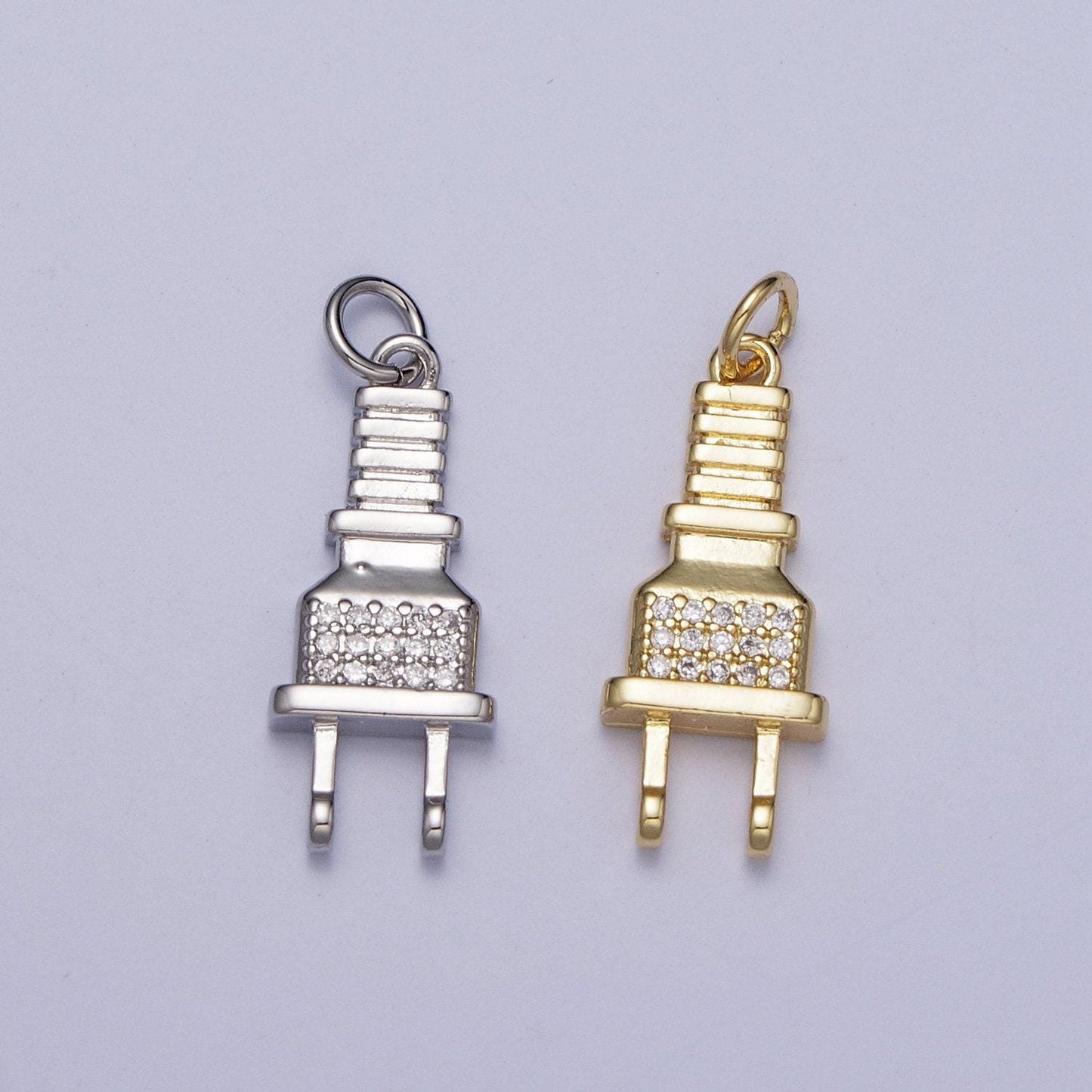 Micro cz paved power cord plug pendant, gold silver micro pave cubic zirconia cz stone electricity plug charm | ag131, ag132